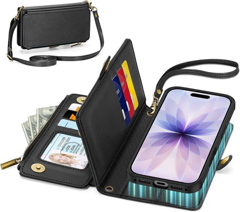 TUCCH Crossbody Detachable Wallet Case for iPhone 17 (6.3") 2025, 9 Card Slots RFID Blocking | Wireless Charging | Wrist Strap | Lanyard | Stand | Zipper Pocket | PU Leather Shockproof Cover | Black - Image 1